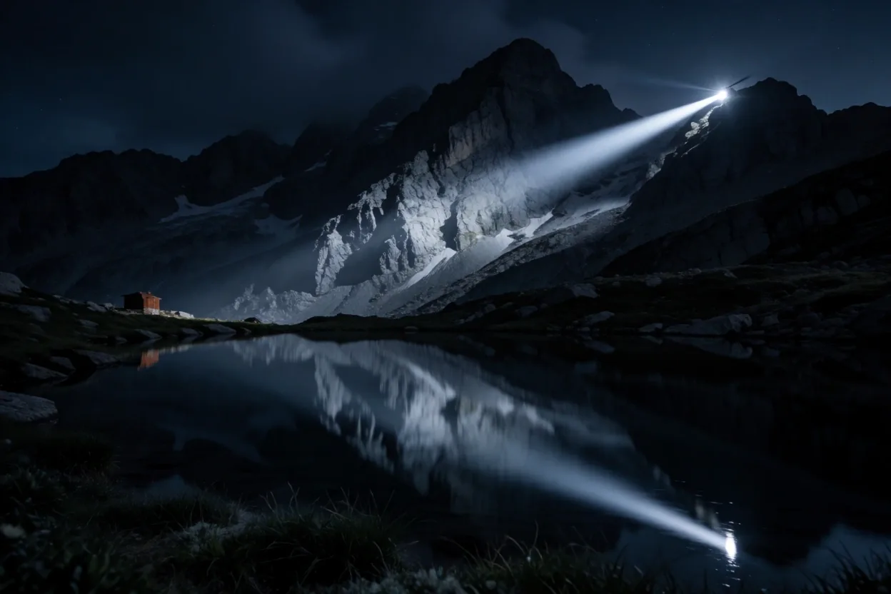 Lighthouse beacon over Swiss peaks
